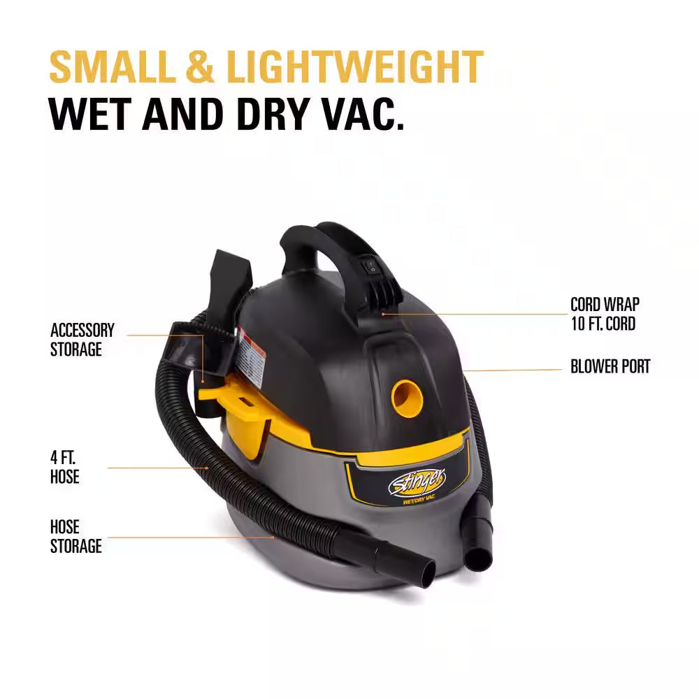 2.5 Gal. 1.75 Peak HP Small Shop Vacuum Wet Dry Vac with Filter Bag, Hose, Utility and Car Nozzle Attachments HD2025