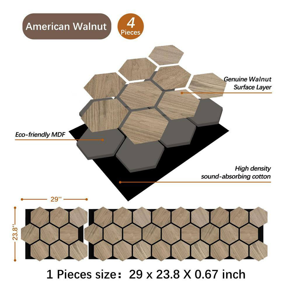 0.7 In. X 2 Ft. X 2.5 Ft. Natural Walnut Wood Acoustic Panels, Brown MDF Decorative Wall Paneling (4-Piece/Box)