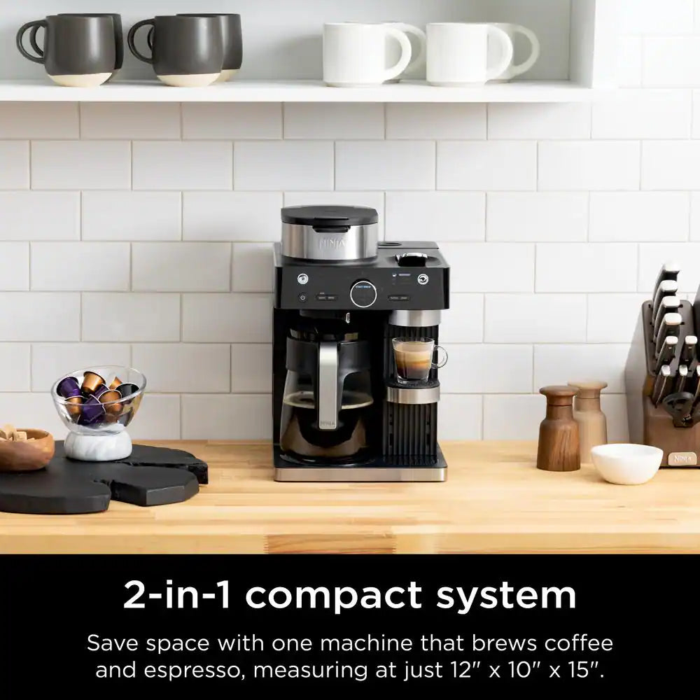 Espresso and Coffee System, Single-Serve and Nespresso Capsule Compatible, 12- Cup Black Stainless Steel Coffee Maker
