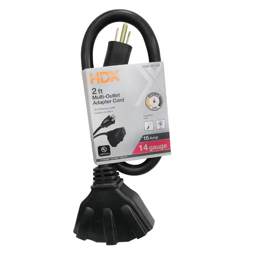 2 Ft. 14/3 Medium Duty Indoor/Outdoor Adaptor Cord with Multiple Outlet Triple Tap End, Black