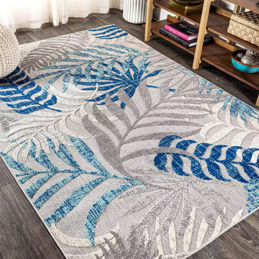 Tropics Palm Leaves Gray/Blue Indoor/Outdoor 8 Ft. X 10 Ft. Area Rug