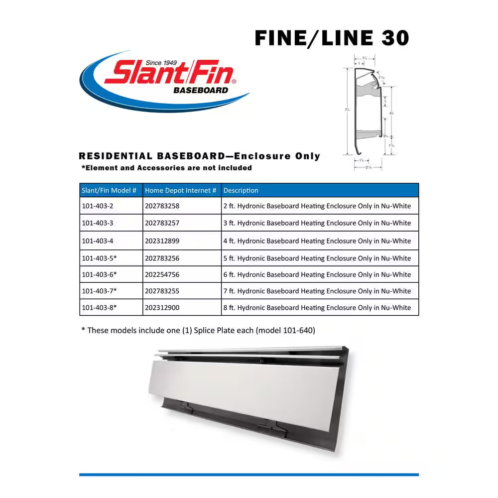 Fine/Line 30 2 Ft. Hot Water Baseboard with Fully Assembled Element and Enclosure in Nu White