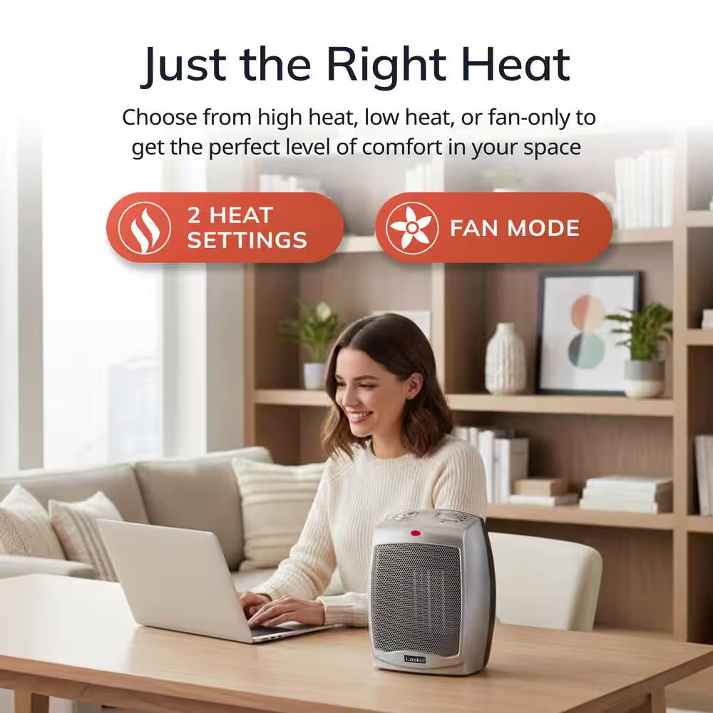 1500W 9.2 In. Gray Electric Tabletop Ceramic Space Heater with Adjustable Thermostat and Overheat Protection