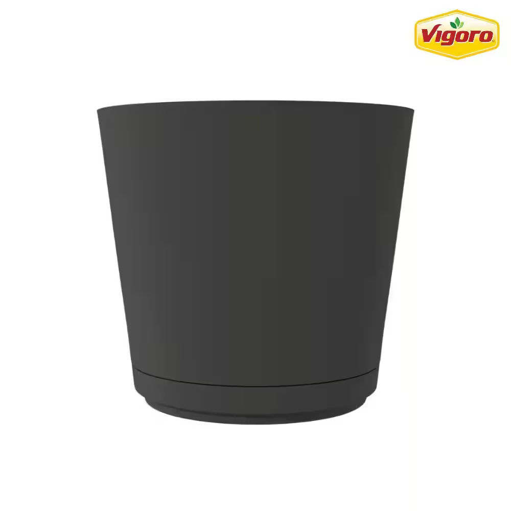 Kyra Large Black Plastic round Planter with Attached Saucer (20 In. L X 20 In. W X 17.32 In. H)