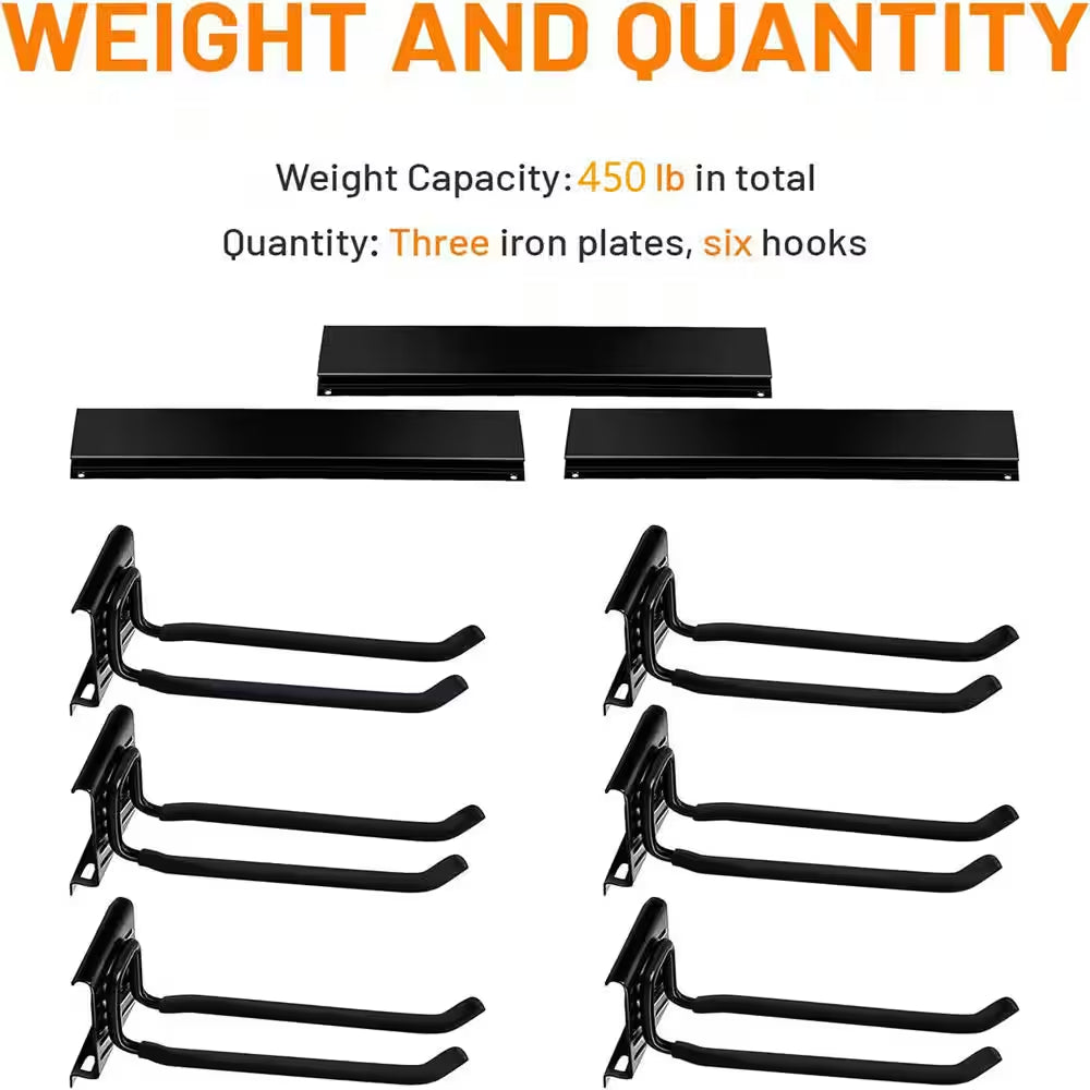 48 In. W X 4 In. H Wall-Mounted Heavy Duty Black Tool Rack Organizer with 6 Adjustable Hooks for Garage, Barn and Shed