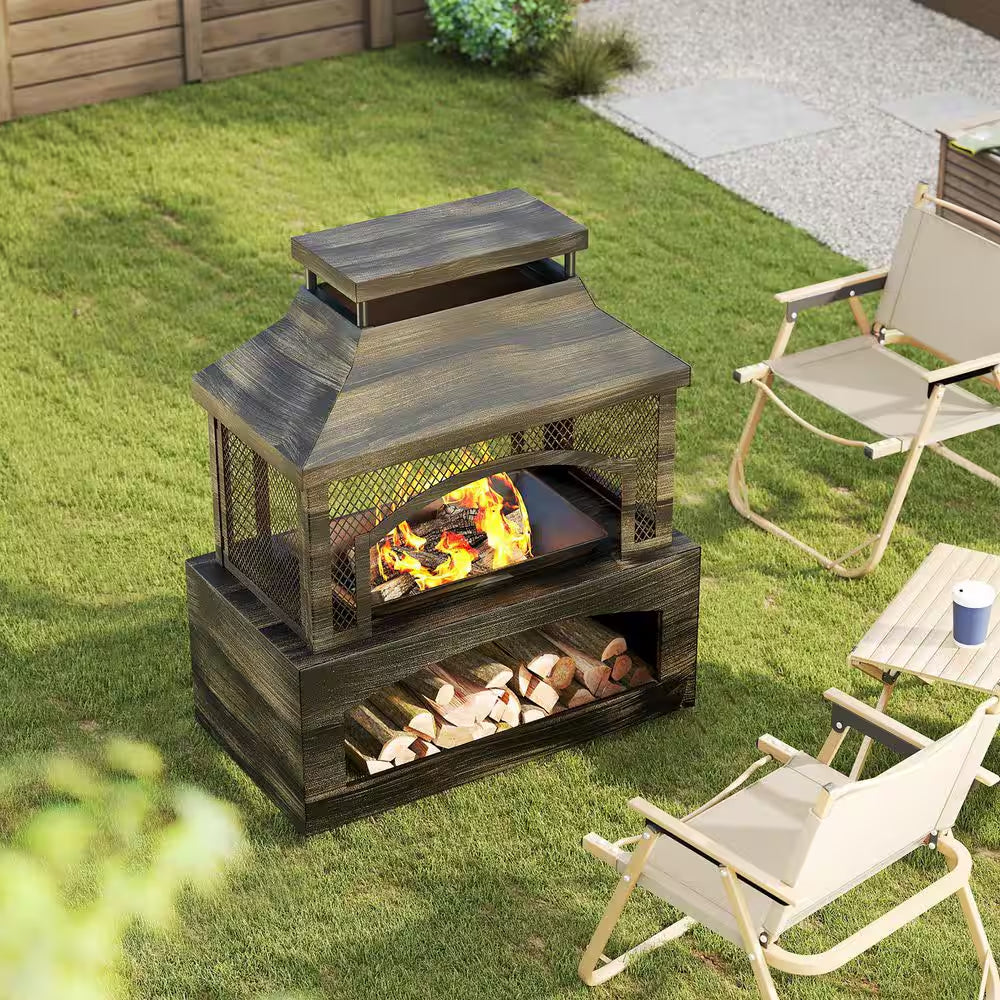 37 In. Steel Outdoor Wood Burning Fireplace with Wood Storage Rectangular Freestanding