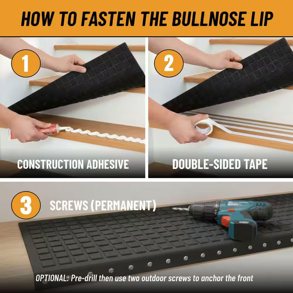Waterproof Easy-Clean Indoor/Outdoor Black 10 In. X 30 In. Non-Slip Rubber Bull Nose Stair Tread Cover-Set of 5