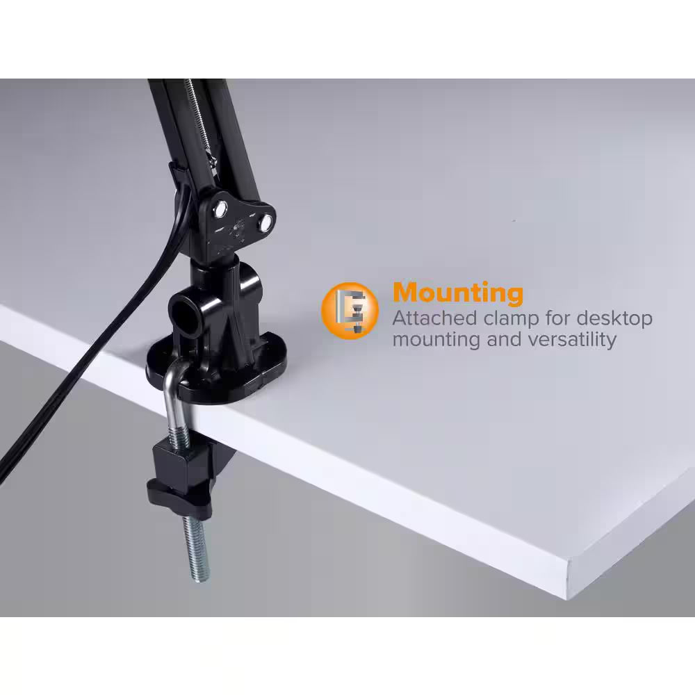 36 In. Black Metal Swing Arm LED Desk Lamp with Clamp