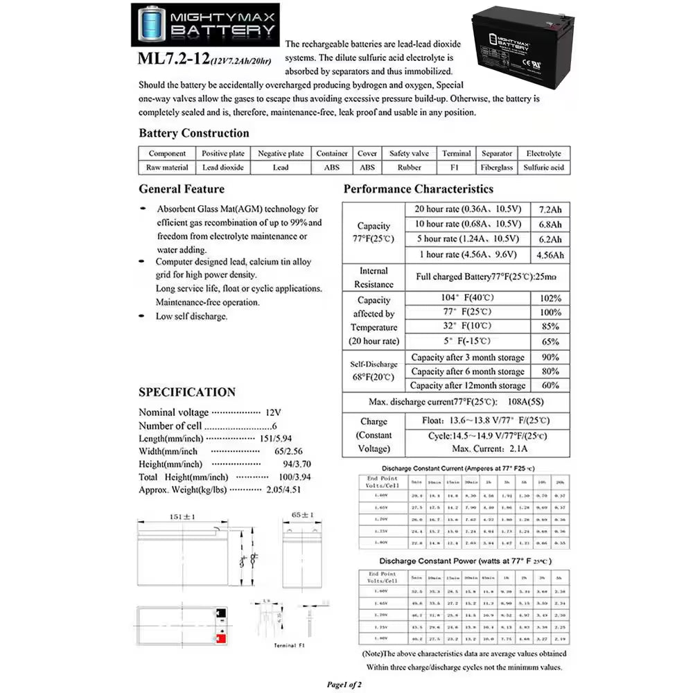 12-Volt 7 Ah Sealed Lead Acid (SLA) Rechargeable Battery