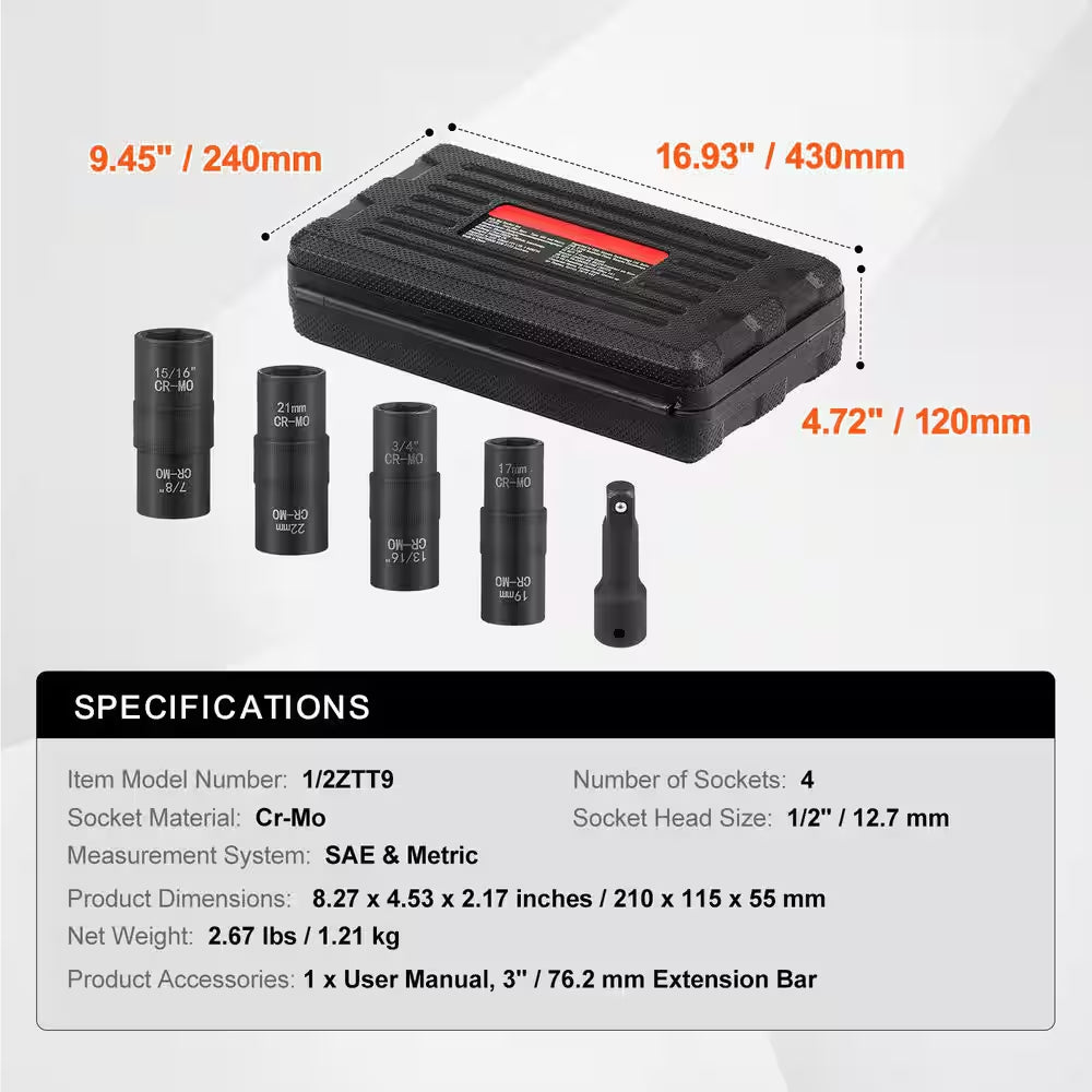 Lug Nut Impact Socket Set, 1/2 In. Drive Metric and SAE 6-Point Flip Socket Set, 4 Total Lug Nut Sizes