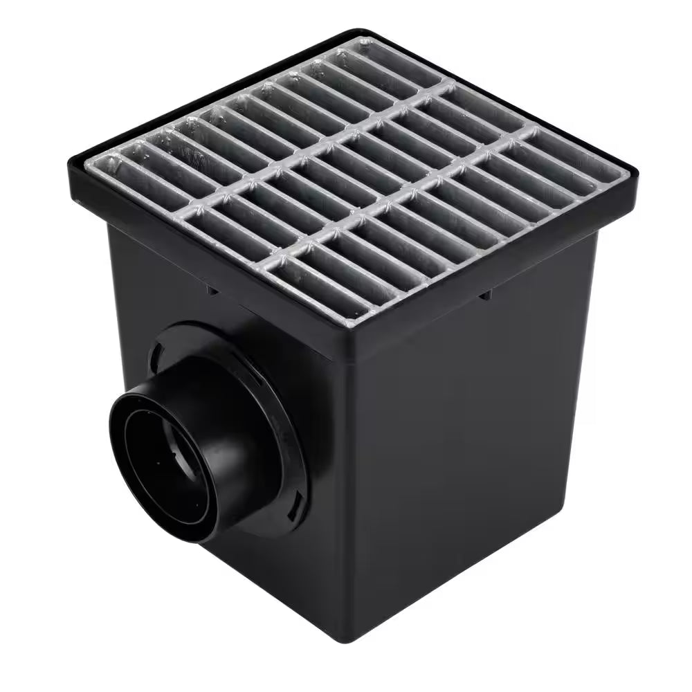 12 In. Plastic Square Drainage Catch Basin, 2 Opening Kit with Metal Grate