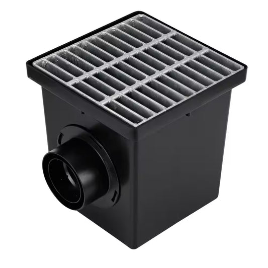 12 In. Plastic Square Drainage Catch Basin, 2 Opening Kit with Metal Grate