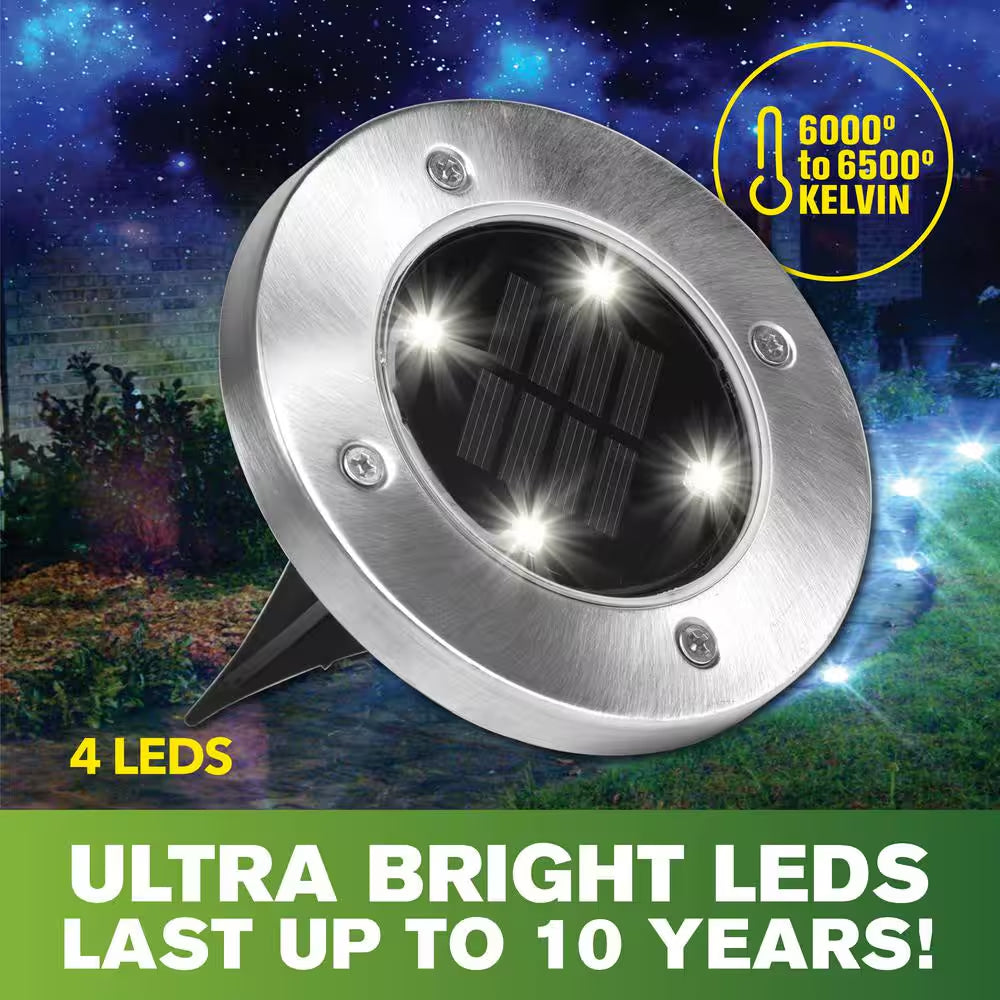 Solar Powered Stainless Steel Outdoor Integrated LED Super Bright In-Ground Path Disk Lights (8 per Box)