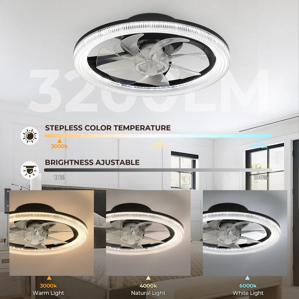 16 In. Smart Modern Indoor Black Low Profile Color Changing Standard Flush Mount Ceiling Fan Light with LED for Bedroom