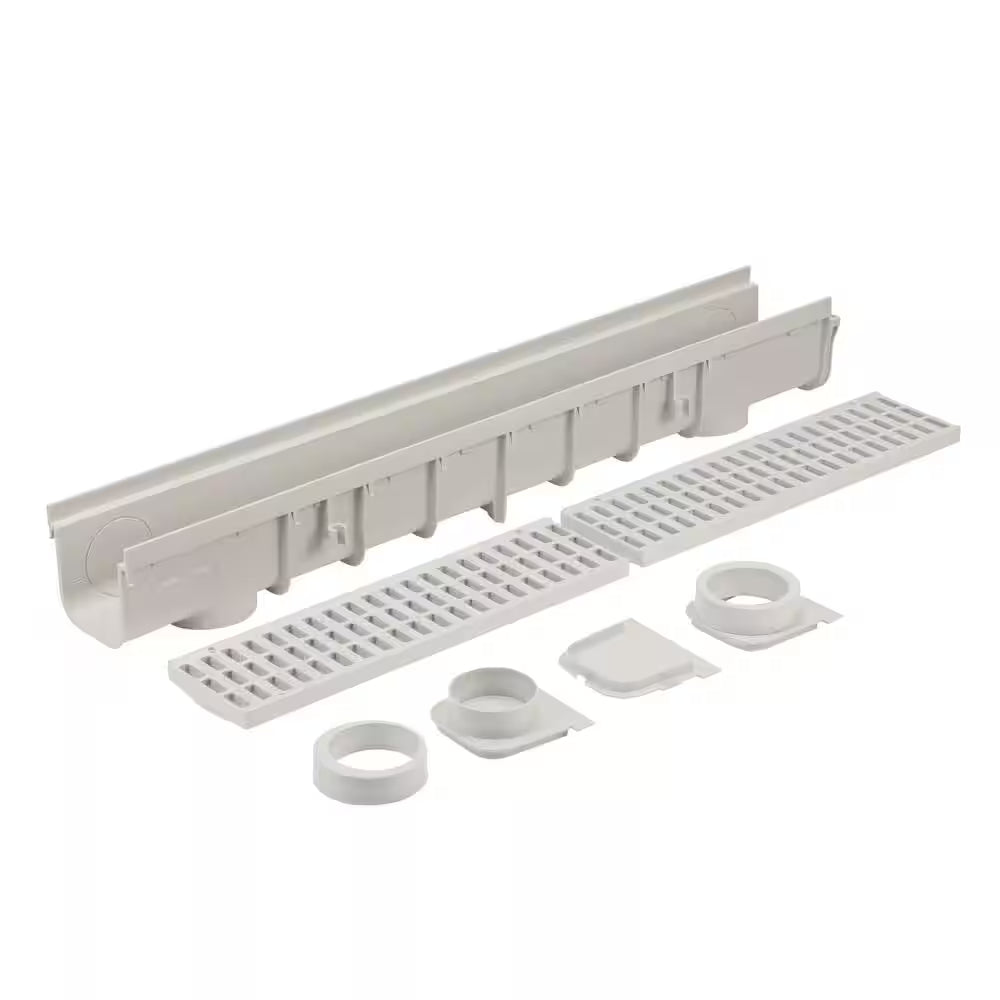 5 In. Pro Series Channel Drain Kit 5-1/2 In. X 39-3/8 In. Deep Channel, Gray Grates, End Caps/Outlet (6-Pack=19.7 Ft.)