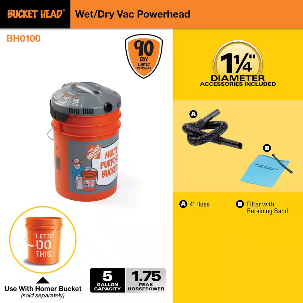 5 Gal. 1.75 Peak HP Wet Dry Vac Powerhead Shop Vacuum with Filter, Hose (Compatible with 5 Gal. Homer Bucket) BH0100