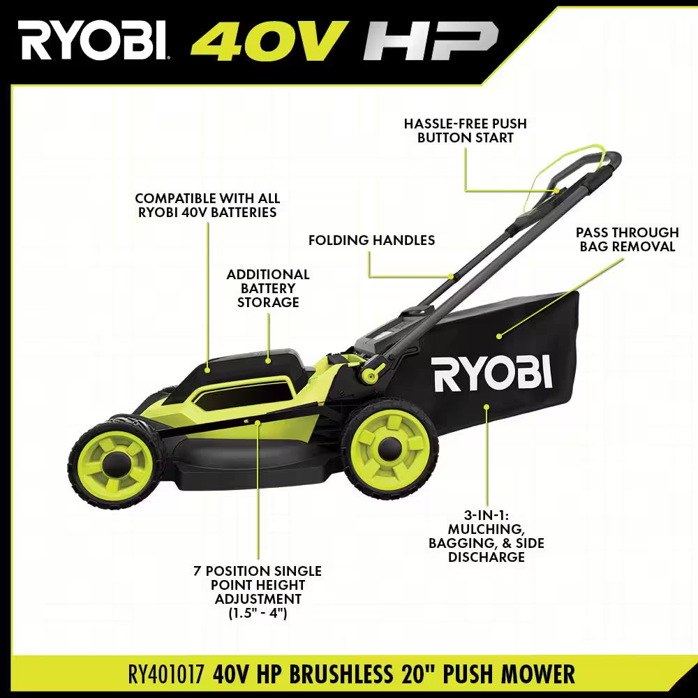 40V HP Brushless 20 In. Cordless Battery Walk behind Push Lawn Mower (Tool Only)