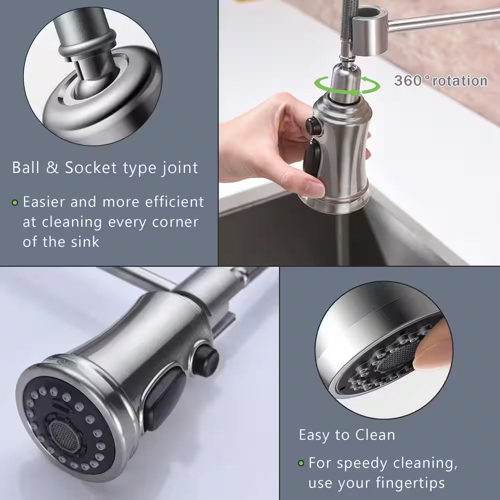 Spring Single-Handle Pull-Down Sprayer Kitchen Faucet with 3 Spray Mode in Stainless Steel Brushed Nickel
