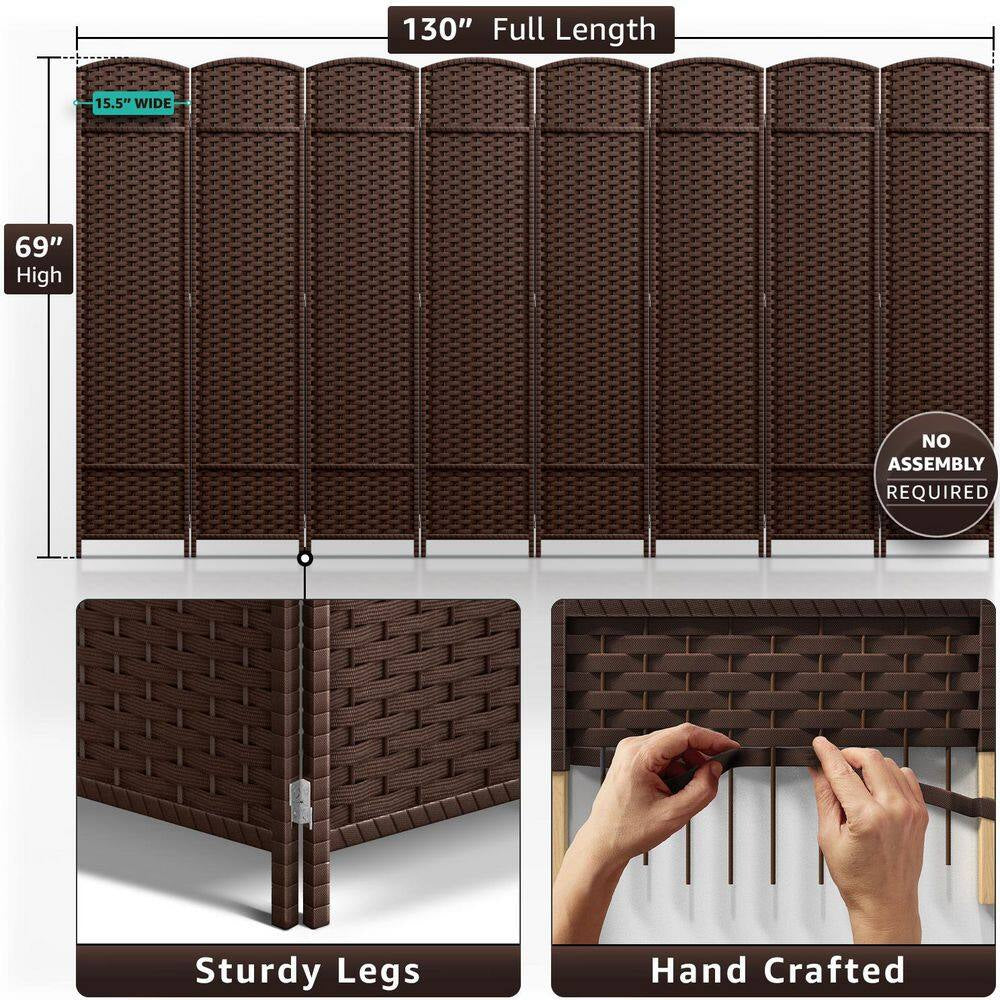Brown 8 Panel 6 Ft. Tall Double Hinged Foldable Panel Room Divider