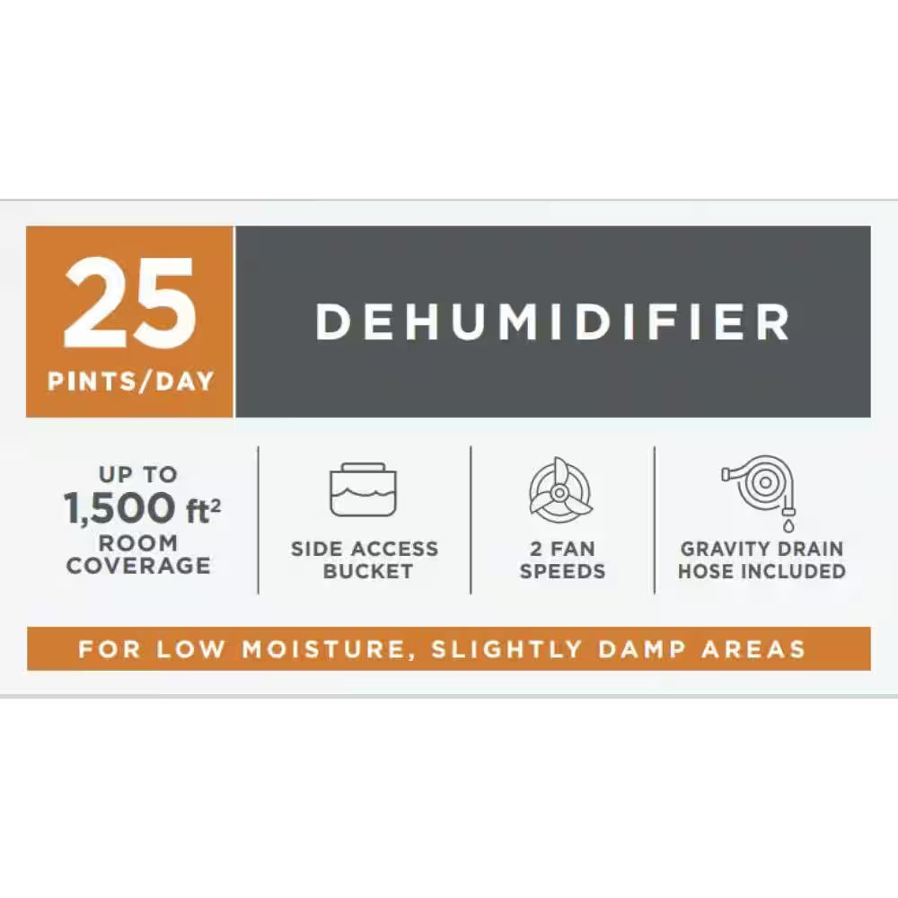 25 Pt. Dehumidifier up to 1,500 Sq. Ft. ENERGY STAR for Basement, Garage, or Wet Rooms in White