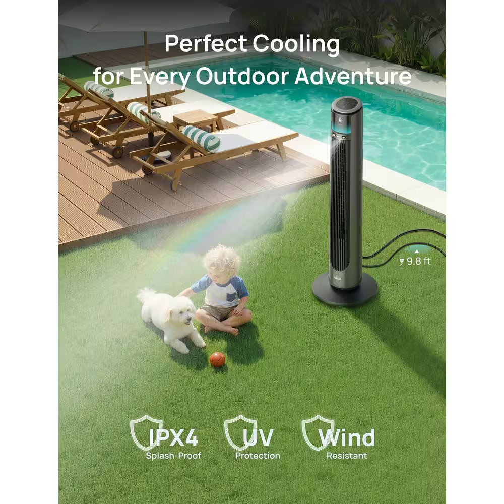Outdoor Misting 42 In. 12-Fan Speeds Tower Fan in Black with Remote, 20 Ft. Mist, 150° Oscillation and UV Resistance