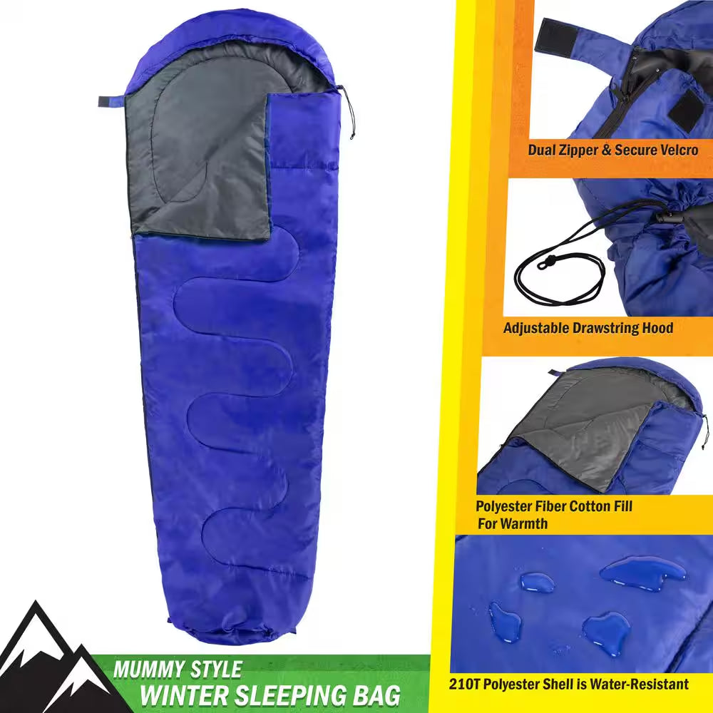 Mummy Sleeping Bag 83 In. L X 28 In. W, Water-Resistant Adult Cold Weather Sleeping Bag Rated to 10°F (Blue)