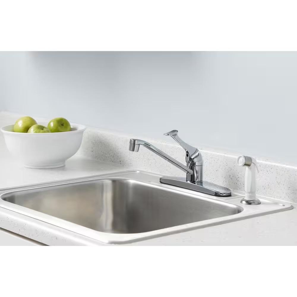 Single-Handle Standard Kitchen Faucet with White Side Sprayer in Polished Chrome