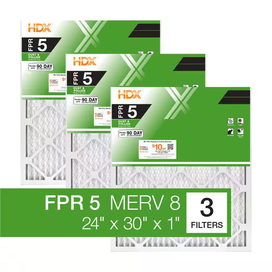 24 In. X 30 In. X 1 In. Standard Pleated Furnace Air Filter FPR 5, MERV 8 (3-Pack)