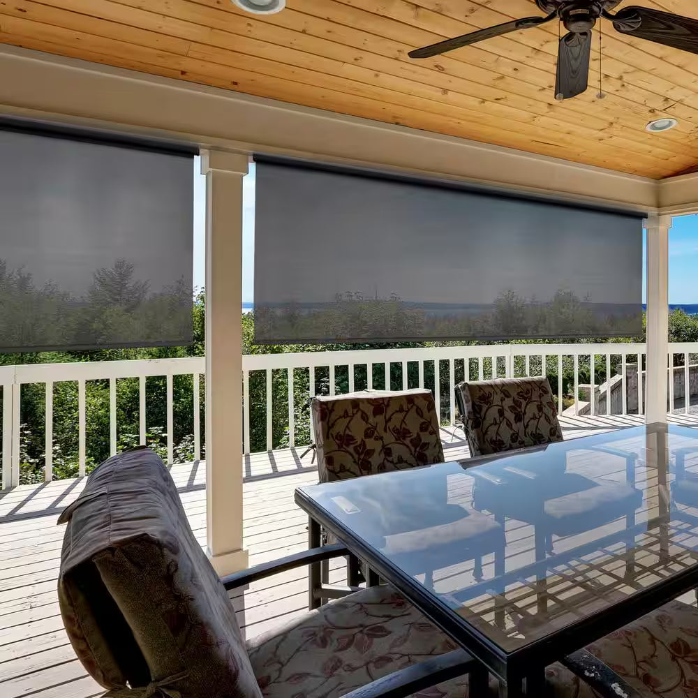 Redondo Cream Cordless Outdoor Patio Roller Shade with Valance 120 In. W X 96 In. L