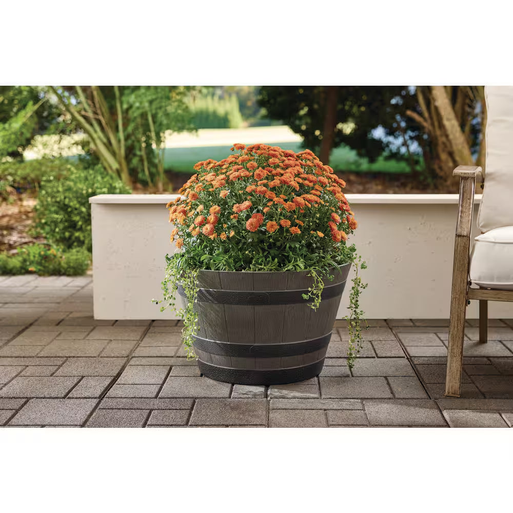 Cameron Whiskey Barrel Large Brown Resin round Planter (22 In. L X 22 In. W X 13.5 In. H)