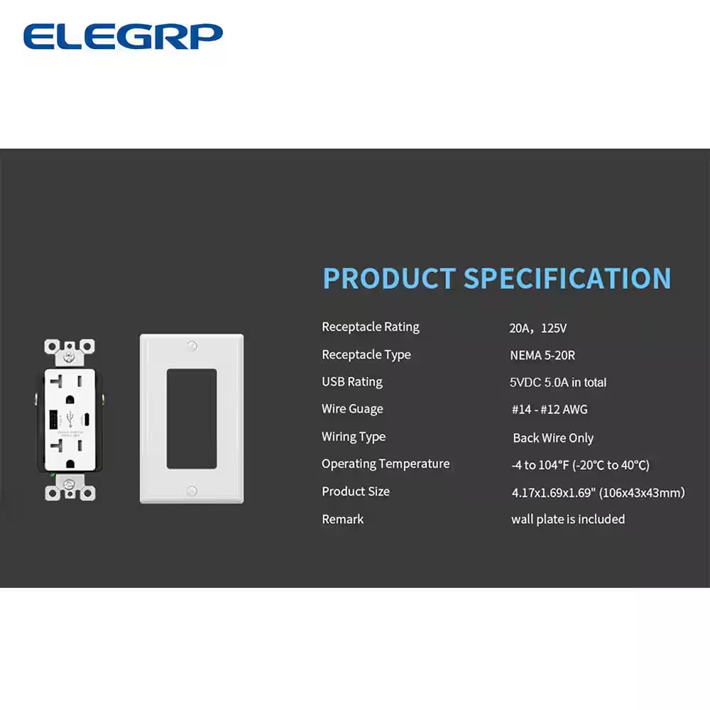 25-Watt 20 Amp Type a & C Dual USB Wall Charger with Duplex Tamper Resistant Outlet Wall Plate Included, White (2-Pack)