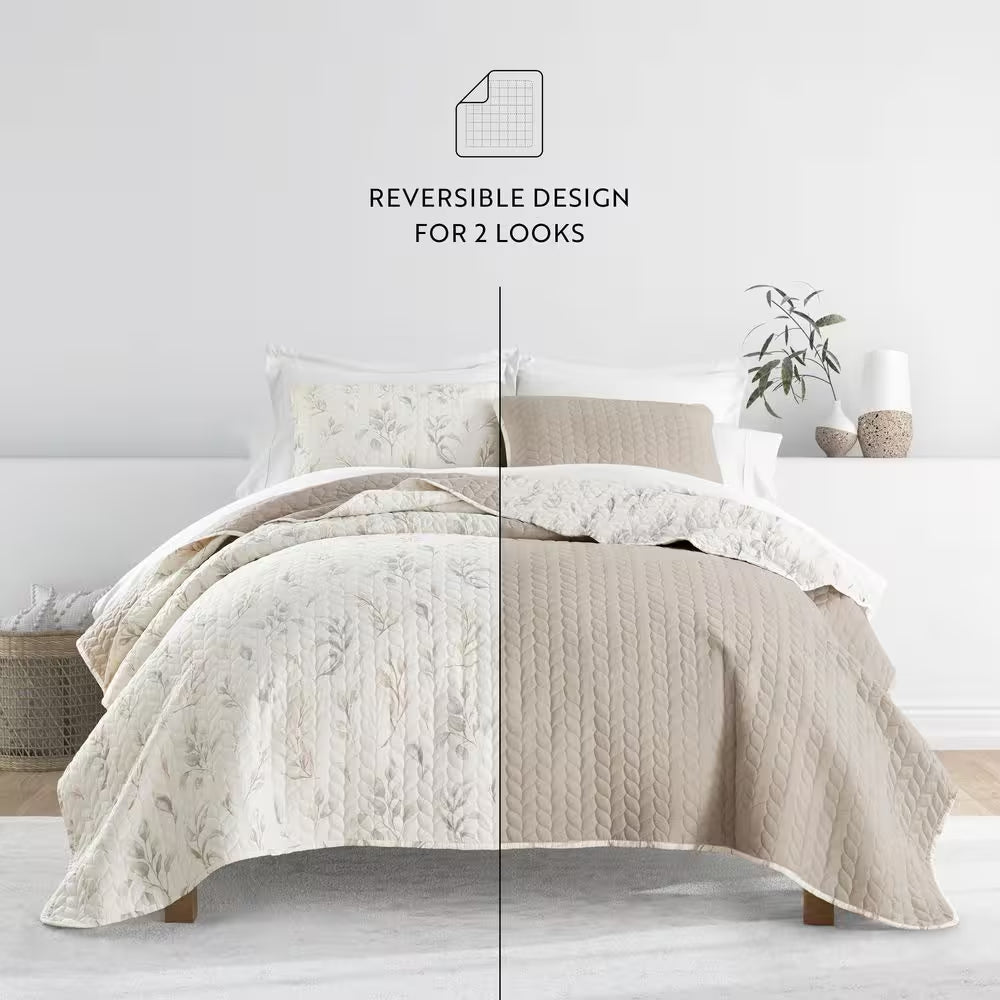 All Season 3-Pcs Latte Watercolor Leaves/Stripe Reversible Microfiber Quilt Set with Shams