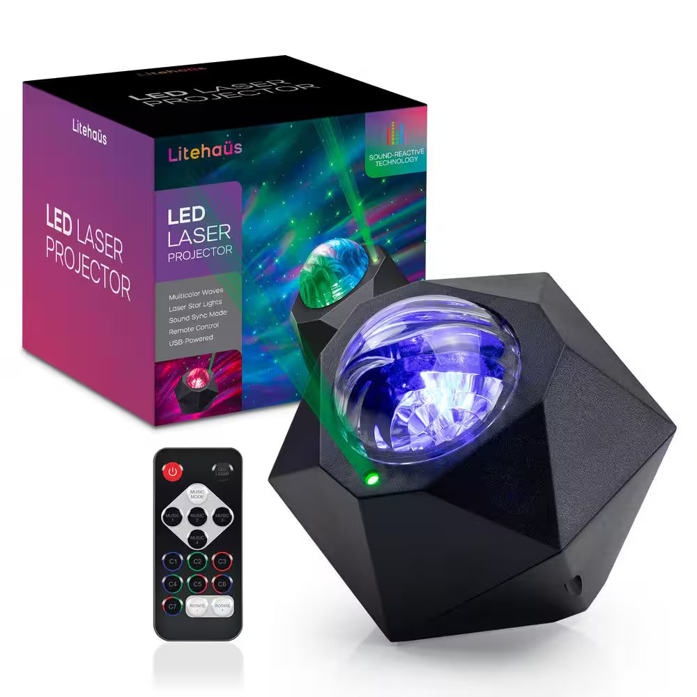 Multi-Color Sound Reactive USB Powered Galaxy Wave Projector Laser Integrated LED Light Show with Remote Control