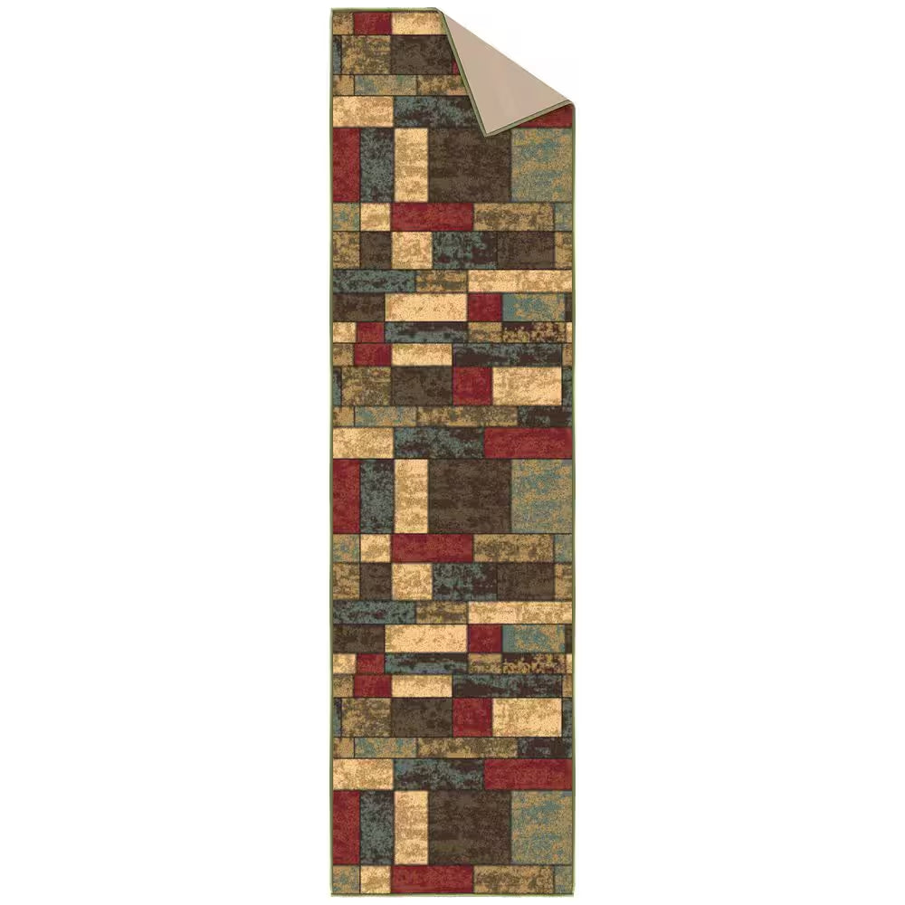 Ottohome Collection Non-Slip Rubberback Boxes Design 2 X 6 Indoor Runner Rug, 1 Ft. 10 In. X 6 Ft., Multicolor