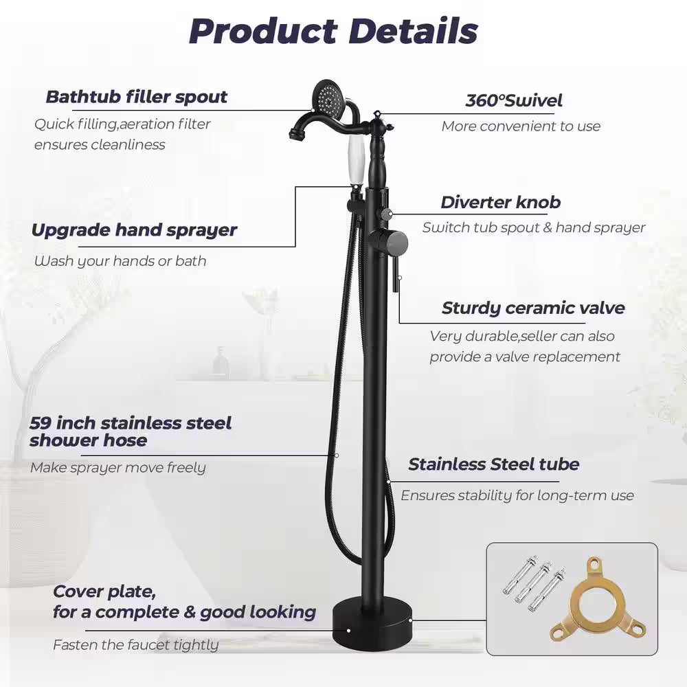 Single-Handle Floor-Mount Roman Tub Faucet with Hand Shower in Matte Black