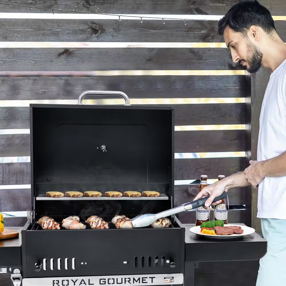 24 In. Movable Charcoal Grill in Black, 2 Foldable Side Shelves, 2-Level Height-Adjustable Charcoal Pan