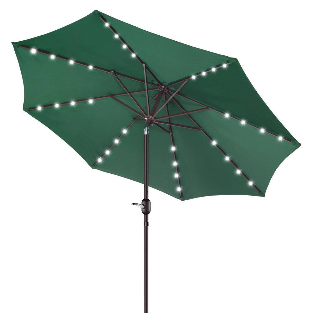 9 Ft. Steel Solar LED Lighted Patio Market Umbrella with Auto Tilt, Easy Crank Lift in Green