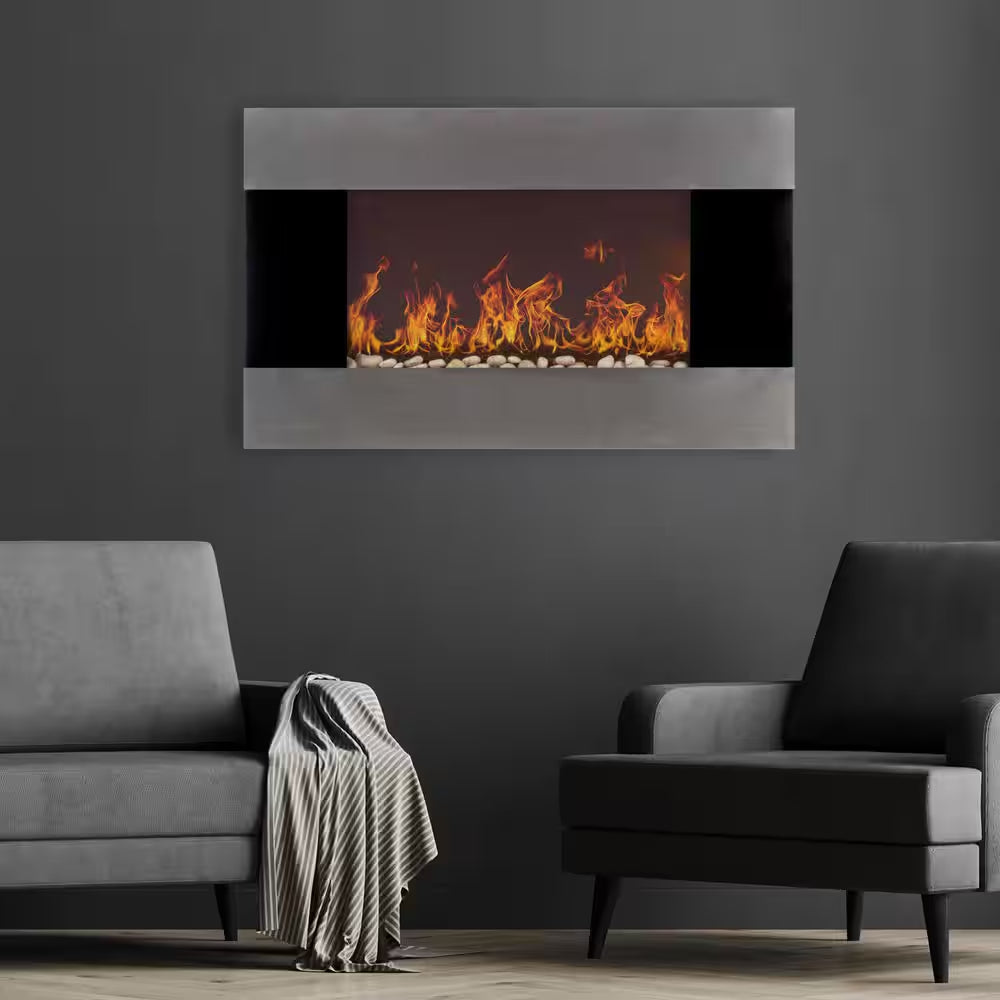 36 In. Stainless Steel Electric Fireplace with Wall Mount and Remote in Silver