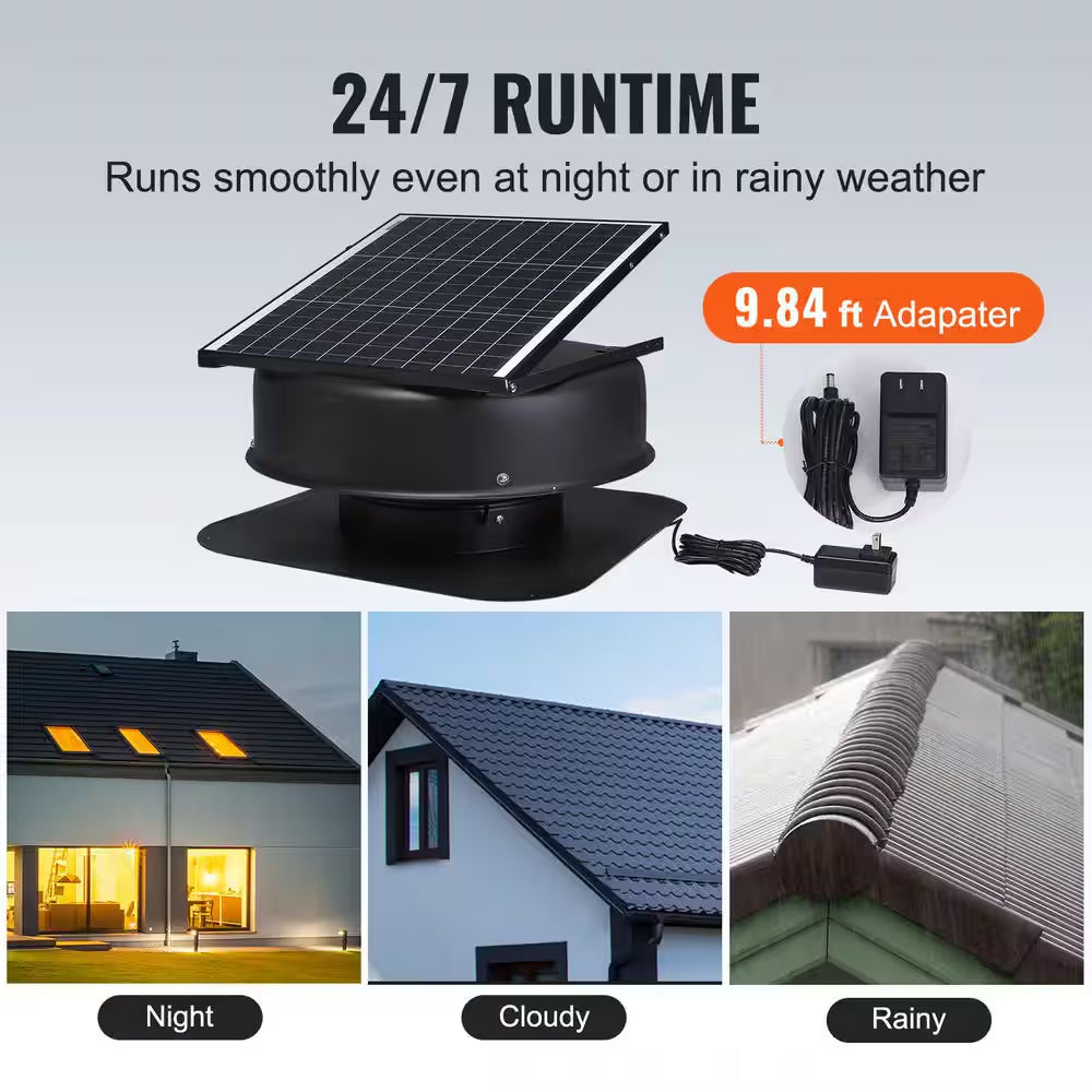 Solar Attic Fan, 40 W, 1230 CFM High Airflow Roof Vent Fan, Weatherproof with 110 V Smart Adapter Black 2025 Update