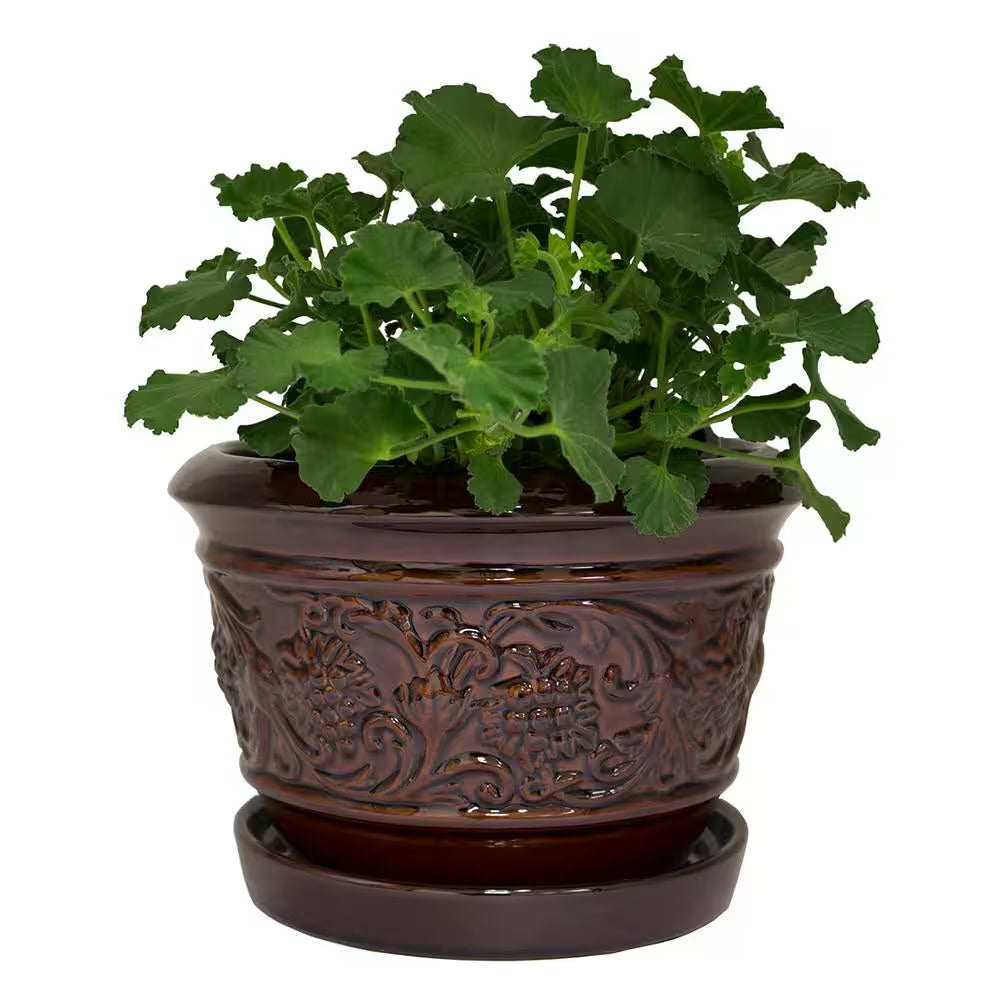 8 In. Dia Brown Rustic Damask Ceramic Planter