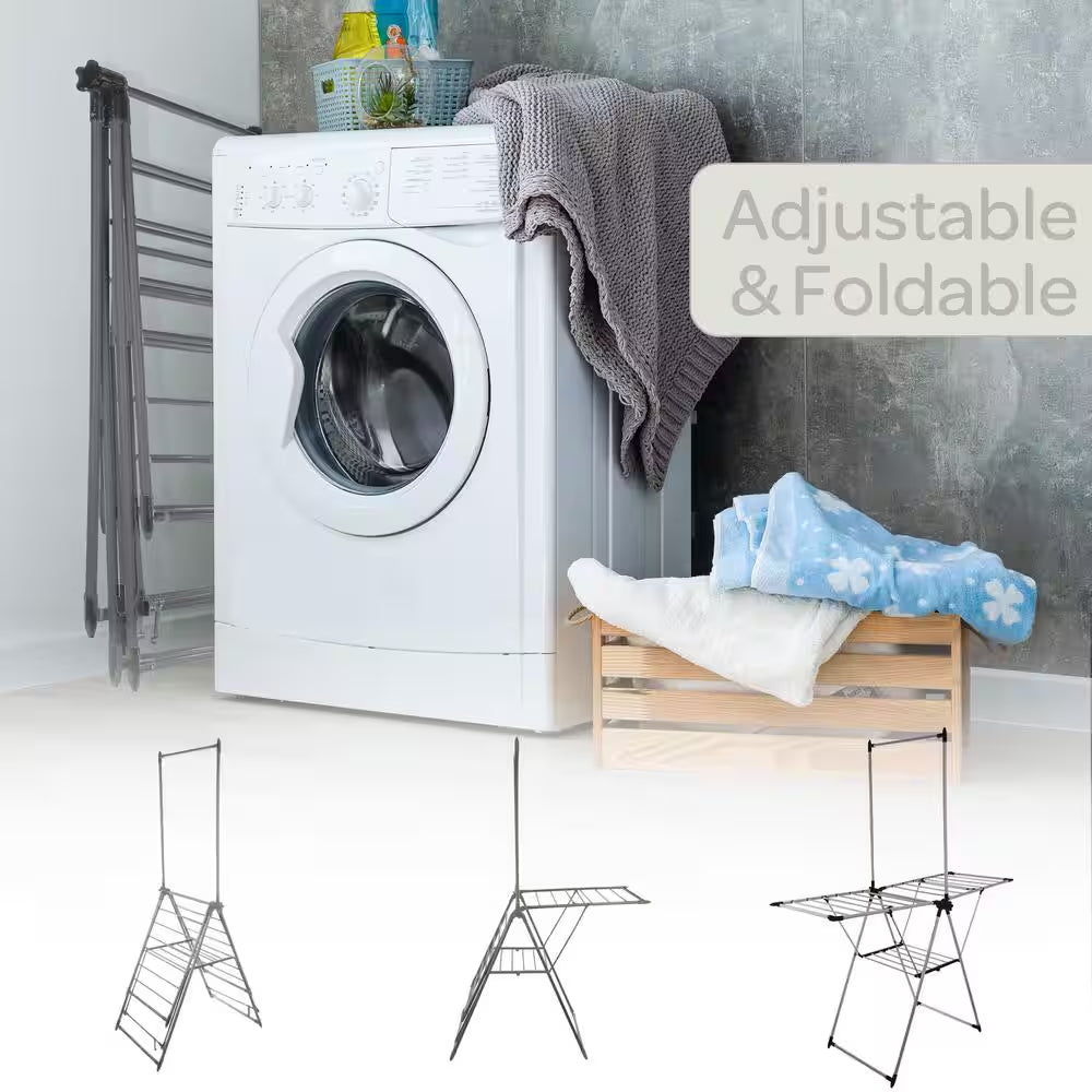 Clothes Drying Rack - 2-Level Laundry Drying Rack with 24 Drying Rails, Hanging Bar, and 2 Height-Adjustable Wings