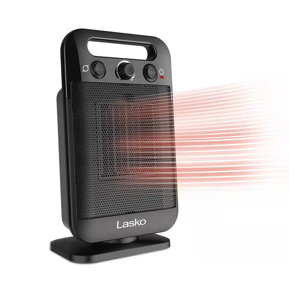 Myheat Go 1500-Watt 12 In. Black Electric Tabletop Ceramic Space Heater with Overheat Protection & Adjustable Thermostat