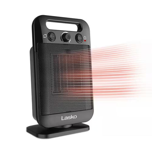 Myheat Go 1500-Watt 12 In. Black Electric Tabletop Ceramic Space Heater with Overheat Protection & Adjustable Thermostat