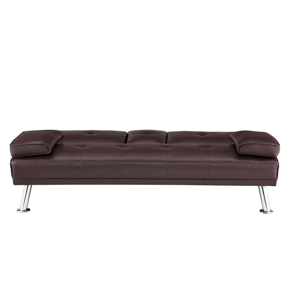 66 in Espresso Futon Sofa Mattress Faux Leather Couch with Armrest and 2-Cupholders Square Arm Rectangle with Metal Legs