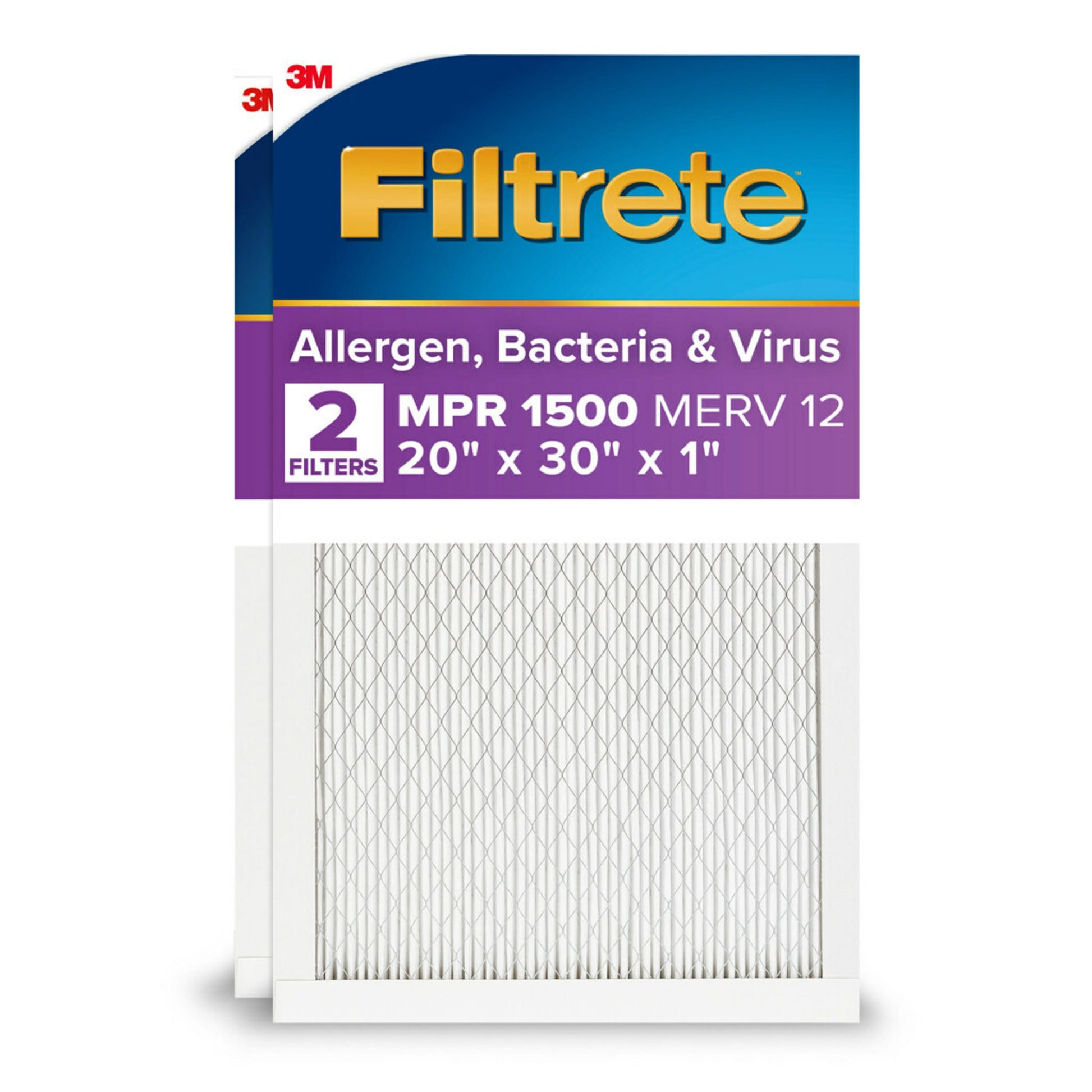 20 X 30 X 1 MERV 12 1500 MPR Allergen, Bacteria and Virus Electrostatic Pleated Air Filter 2 -Pack