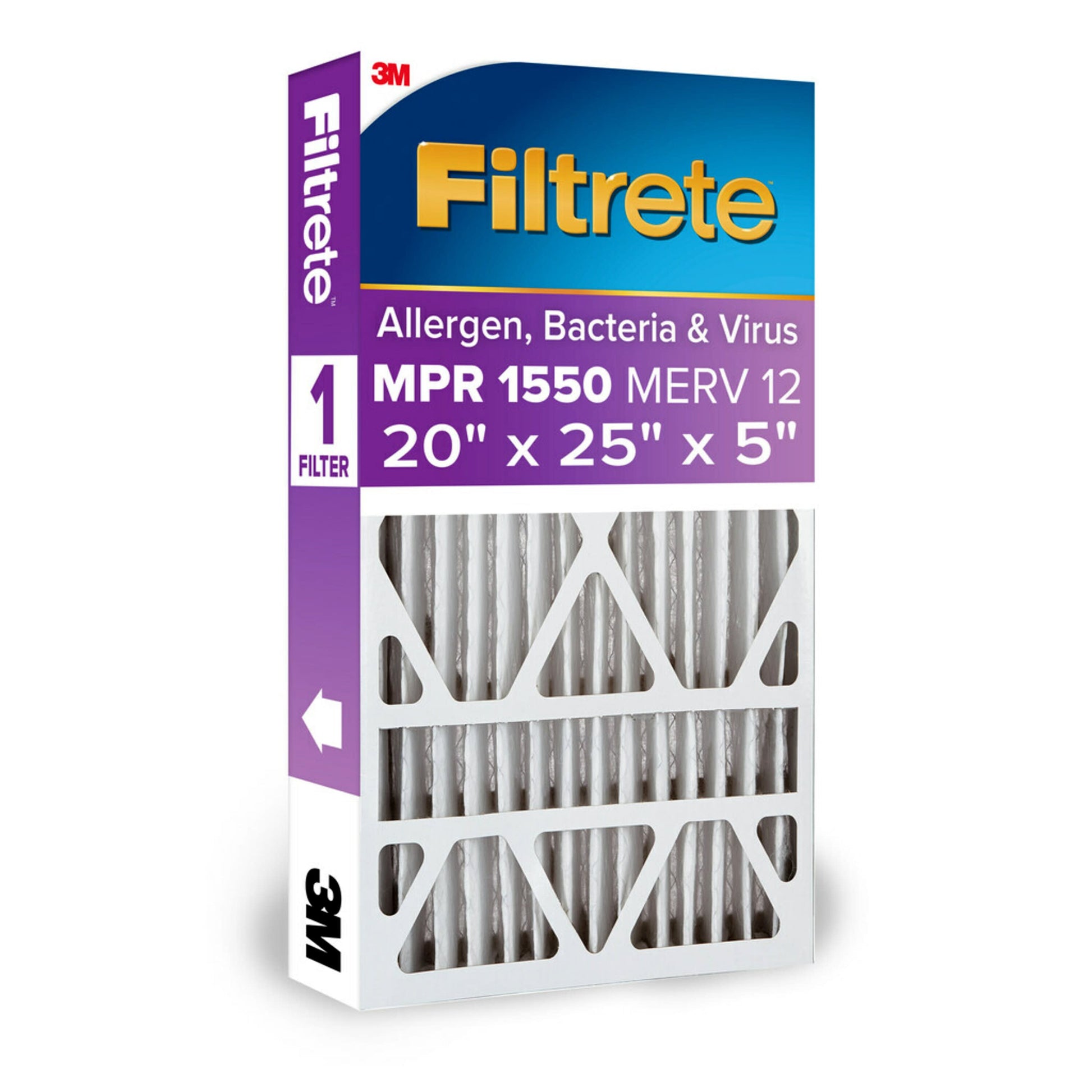 20 X 25 X 5 MERV 12 1550 MPR Allergen, Bacteria and Virus Electrostatic Pleated Air Filter