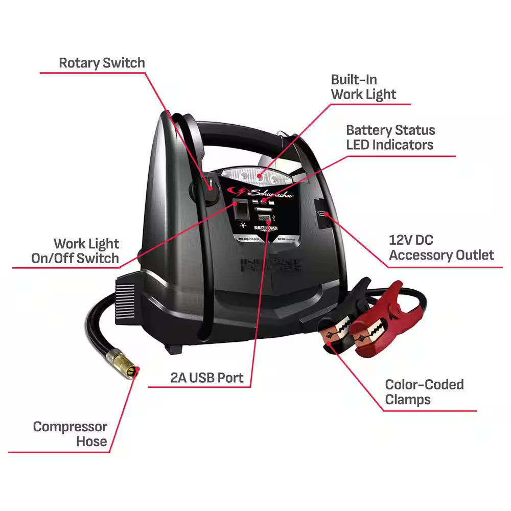 Automotive 12 Volt 1000 Amp Jump Starter and Portable Power Station with Air Compressor