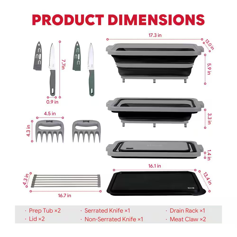 9-Piece Multifunctional Collapsible BBQ Prep Tub with Cutting Board, Portable Grill Tool Set, Black