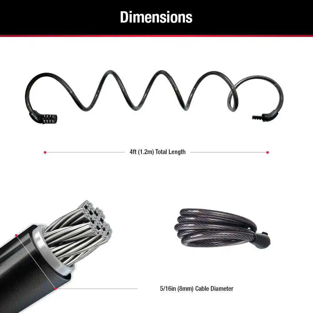 Bike Lock Cable with Combination, 4 Ft. Long