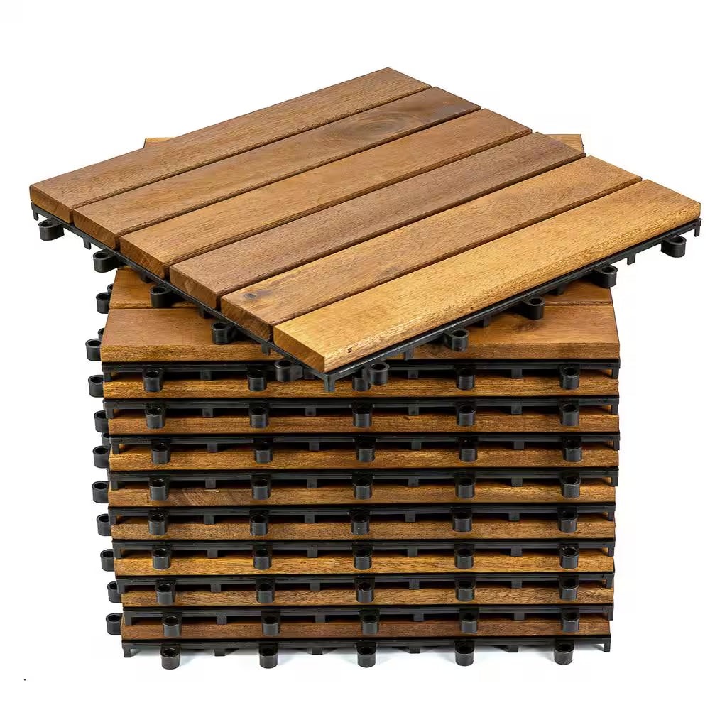 12 In. X 12 In. Acacia Wood Interlocking Flooring Deck Tile Brown 6-Slats, 10-Pack Covering 10 Sq. Ft.